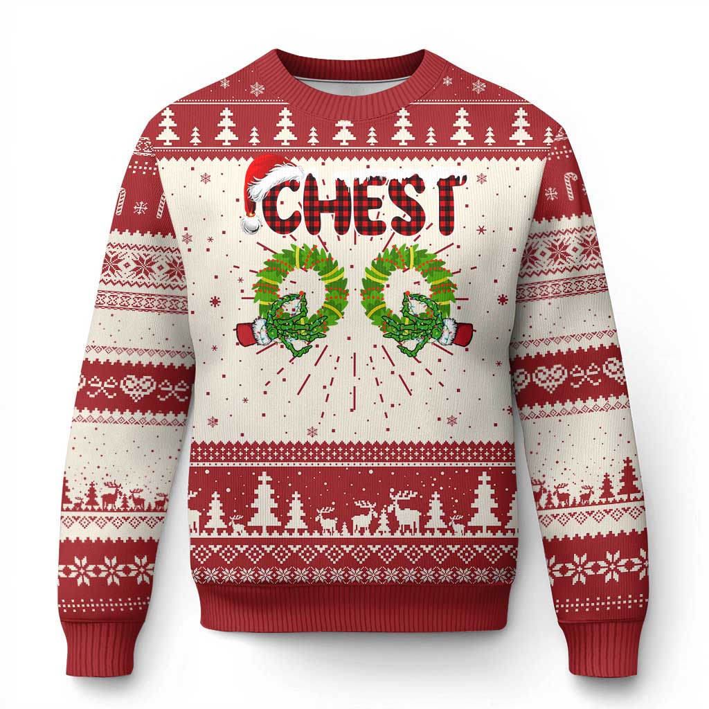 Red and white knit Christmas sweater with “CHEST!” chest graphic and festive tree pattern