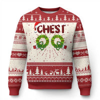 Red and white knit Christmas sweater with “CHEST!” chest graphic and festive tree pattern