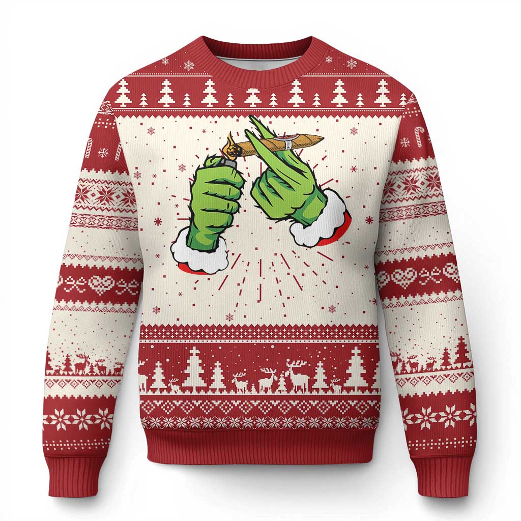 Red and white Christmas sweater with green cannabis hand graphic, crewneck and cuffs