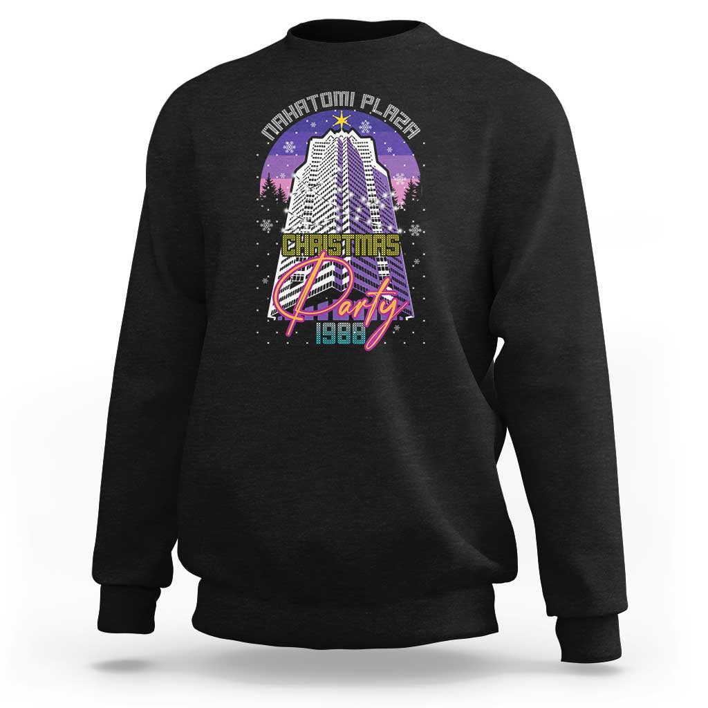 Black crewneck sweatshirt with front festive tower graphic and “CHRISTMAS 1988”