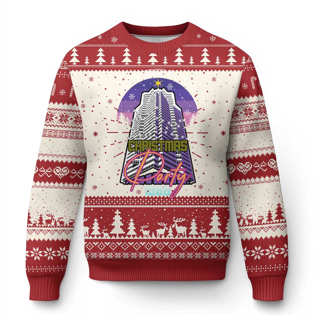 Red crewneck ugly Christmas sweater with 'Christmas Party' graphic and fair-isle trim