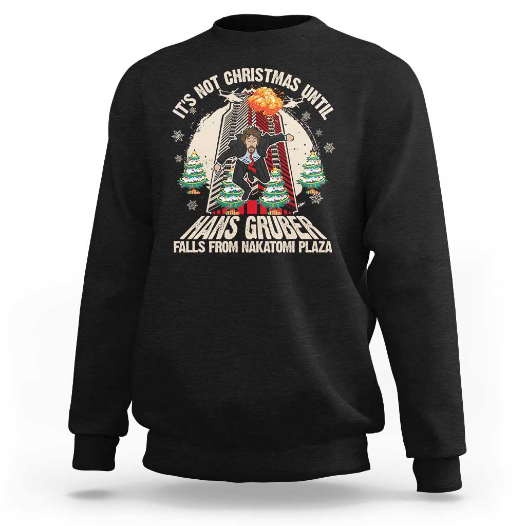 Black crewneck sweatshirt with front holiday graphic