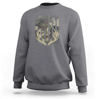 Charcoal gray crewneck sweatshirt with deer antler American flag graphic on the chest