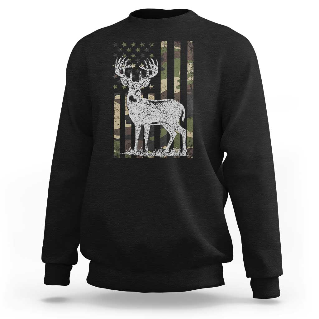 Black sweatshirt with deer graphic and American flag stripe print