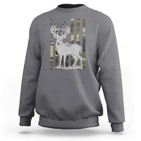 Charcoal gray sweatshirt with deer graphic and American flag stripe print
