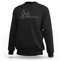 Black crewneck sweatshirt with green THC molecule graphic on chest