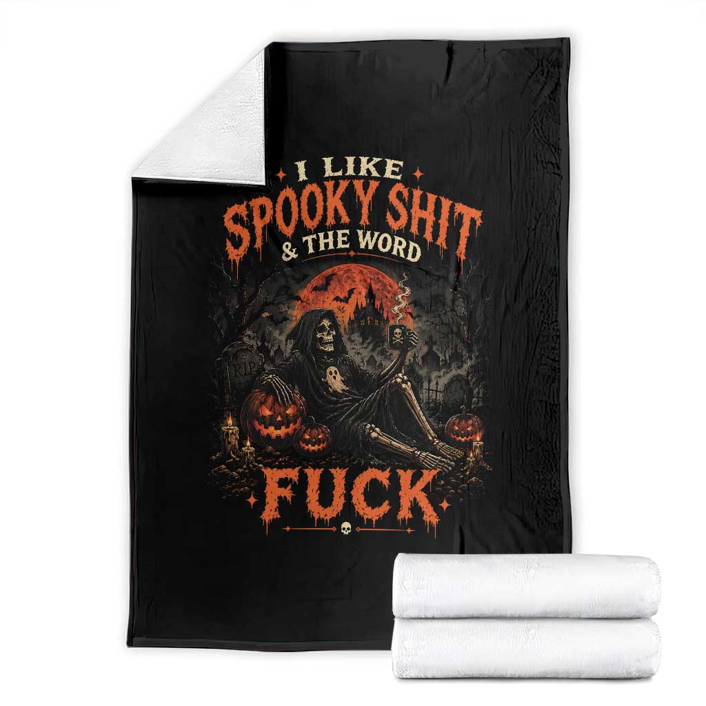 I Like Spooky Shit Grim Reaper Coffee Drinking Halloween Graphic Throw Blanket