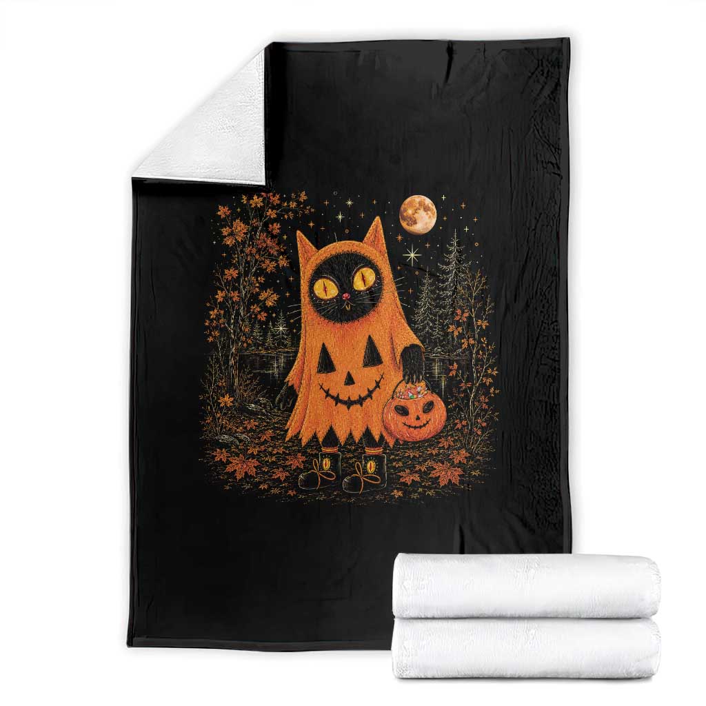 Vintage 90s Black Cat Halloween Throw Blanket Spooky Season Pumpkin Cat Lovers Autumn Harvest Graphic