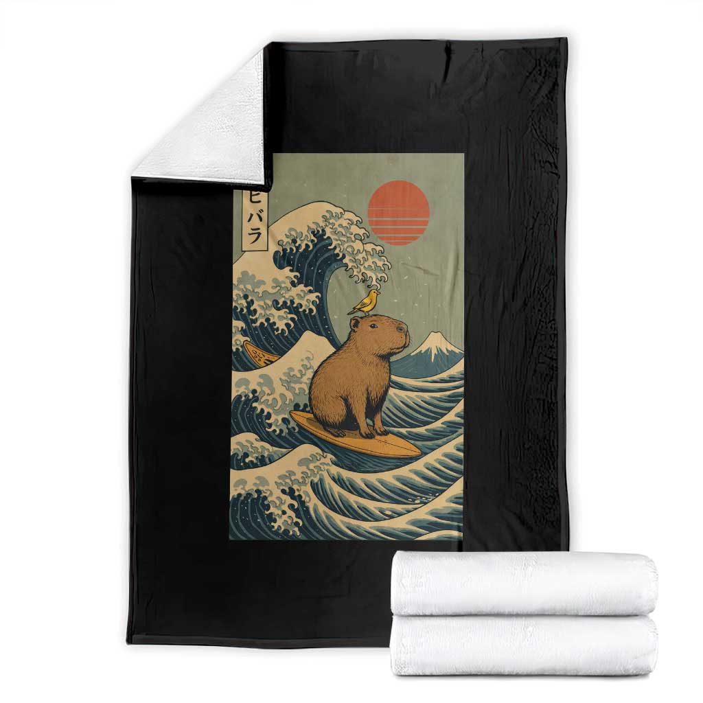 Capybara Surfing Japanese Throw Blanket Vintage Great Wave Off Kanagawa Anime Kawaii - Wonder Print Shop