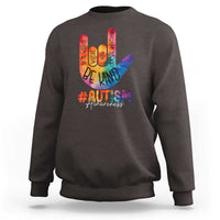 Dark chocolate unisex crewneck sweatshirt with colorful autism awareness hand-print back graphic