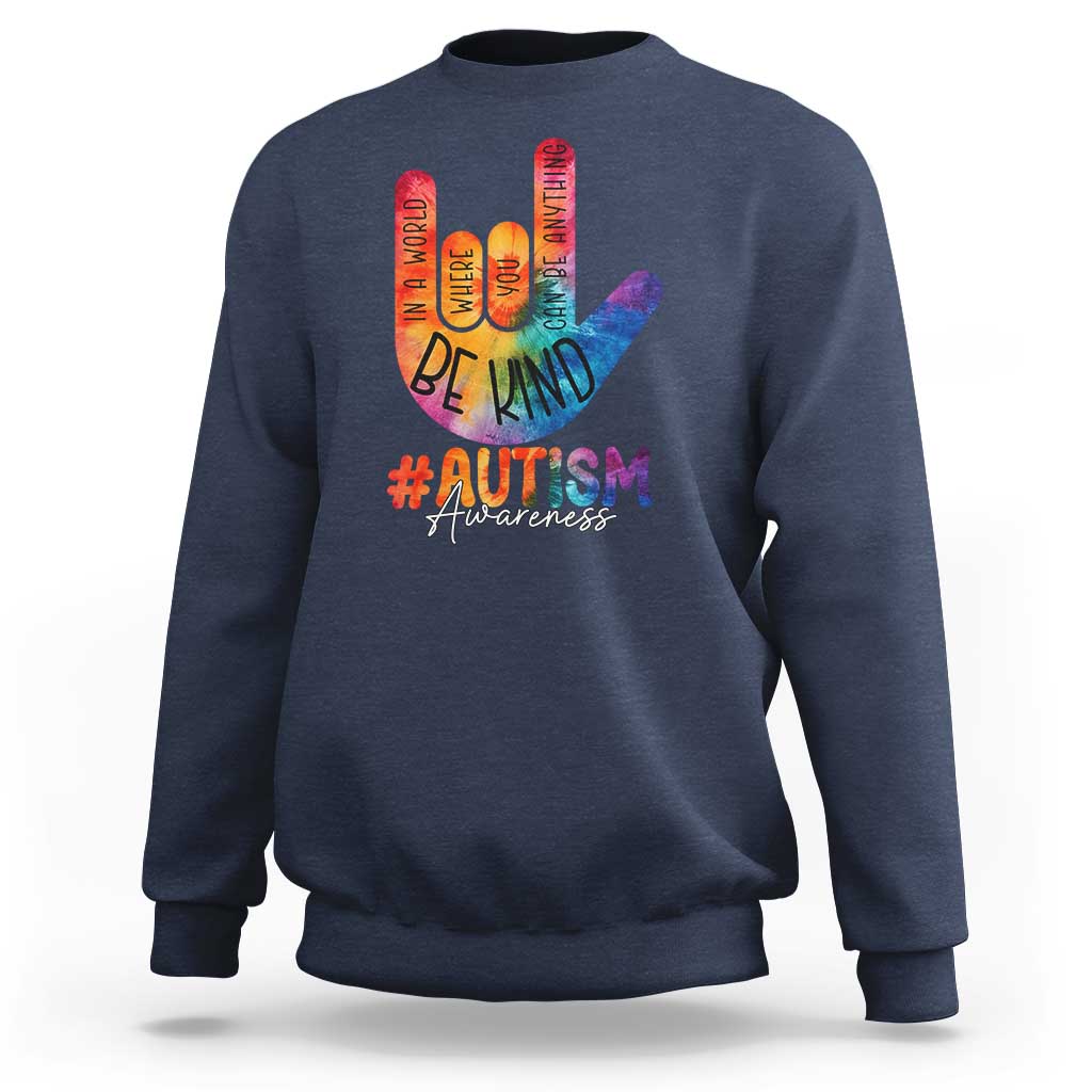 Navy unisex crewneck sweatshirt with colorful autism awareness hand-print back graphic