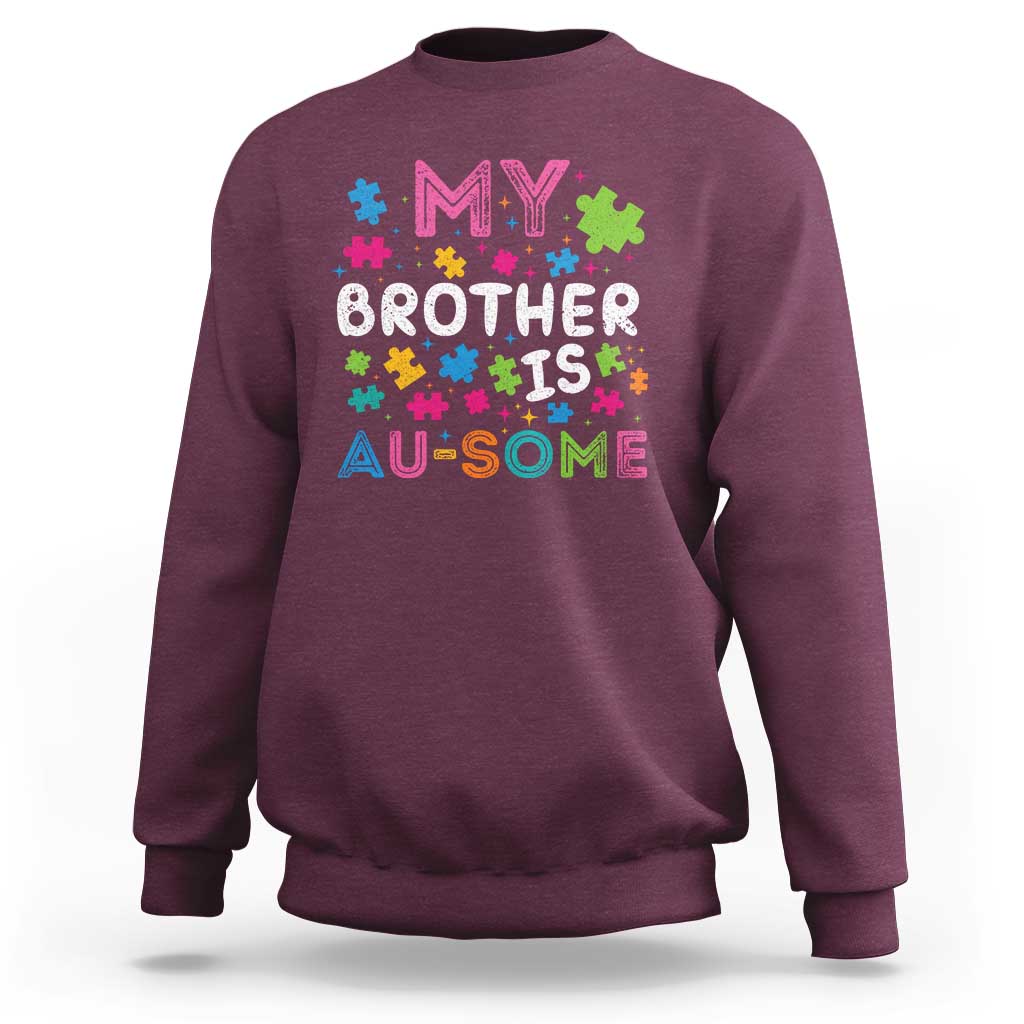 Maroon sweatshirt with autism puzzle 'My Brother Au-Some' graphic
