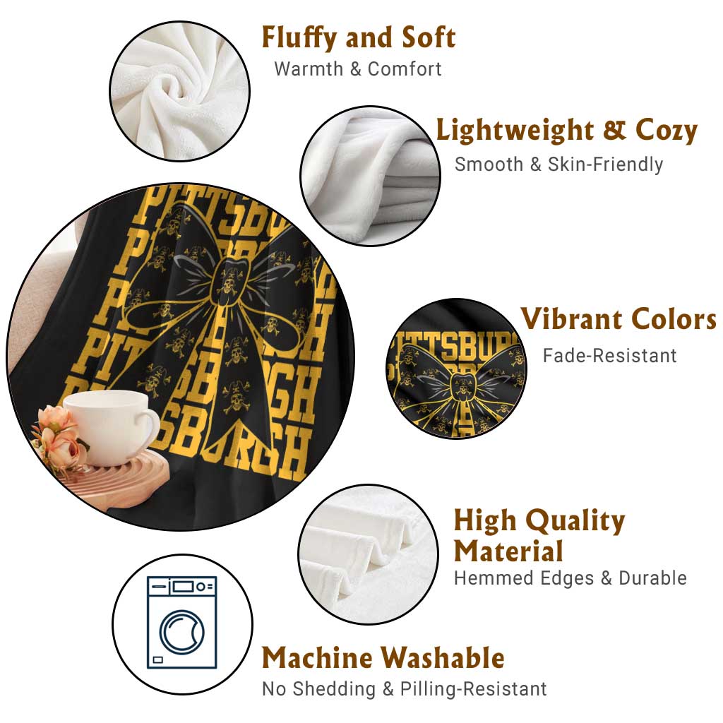 Pittsburgh Coquette Bow Throw Blanket Retro Sports Style Pirate Skull