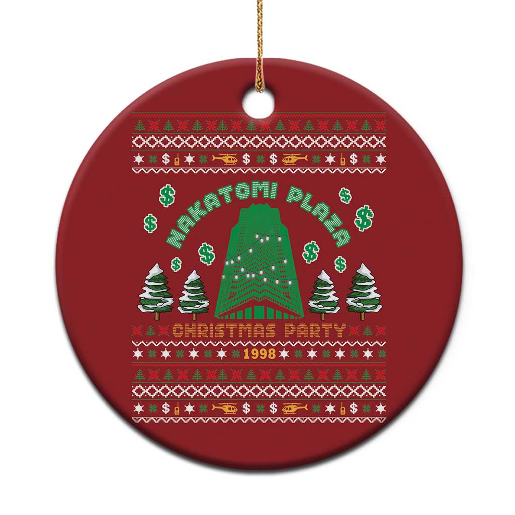 Red round Christmas ornament with green tree graphic and 'Christmas Party 1998' text