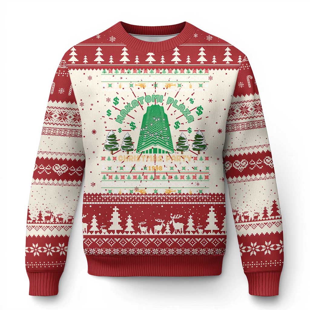 Red ugly Christmas sweater with tree and snowflake fair isle, ribbed cuffs and hem