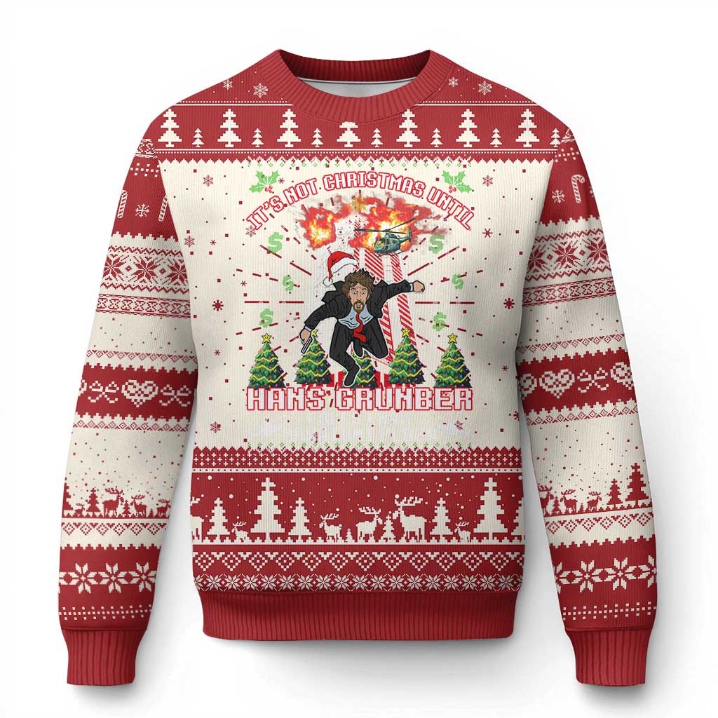 Red and cream ugly Christmas sweater with crew neck, holiday fair isle, and central graphic.