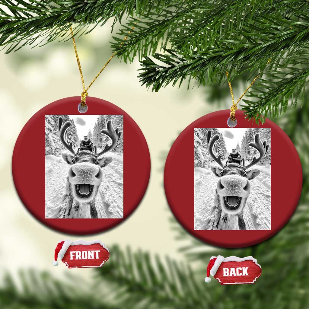Set of red round Christmas ornaments with hanging loops, showing selfie-style reindeer front/back