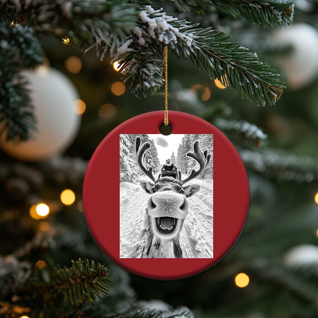 Red round Christmas ornament with hanging loop and selfie-style reindeer photo graphic