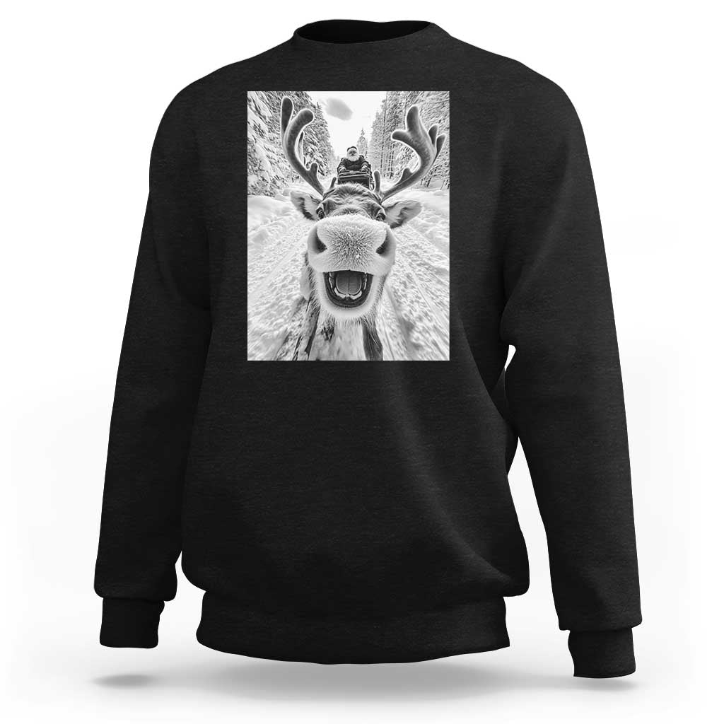 Black crewneck sweatshirt with grayscale reindeer graphic on chest