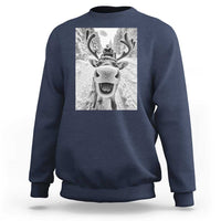 Navy crewneck sweatshirt with grayscale reindeer graphic on chest