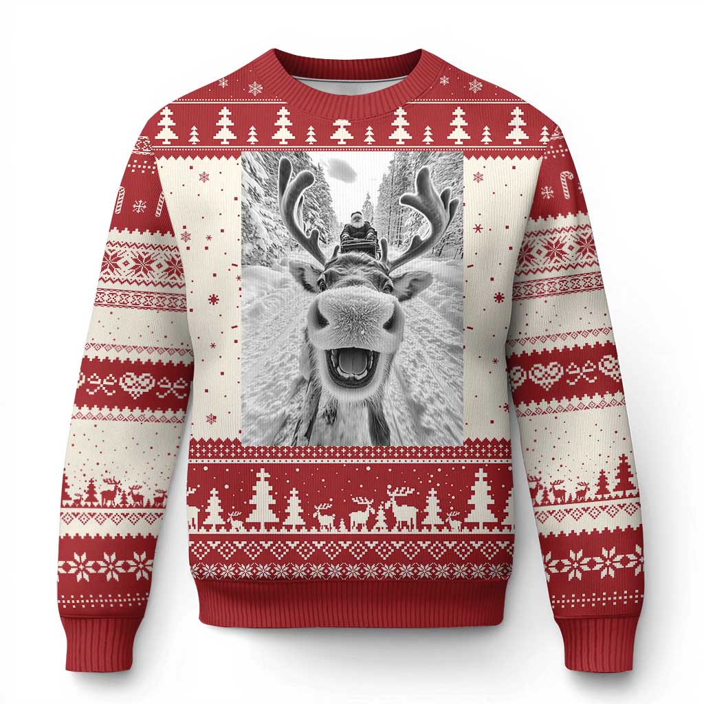 Red ugly Christmas sweater with gray reindeer selfie graphic and festive knit pattern