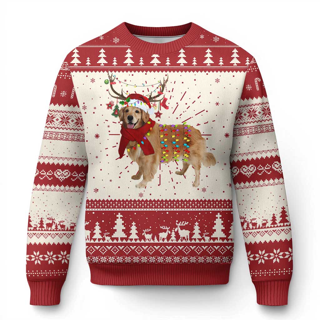 Red and white Christmas sweater with golden retriever dog graphic, festive knit pattern