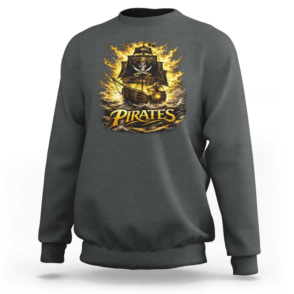 Pirate Lovers Sweatshirt Vintage Golden Pirate Ship Skull Graphic