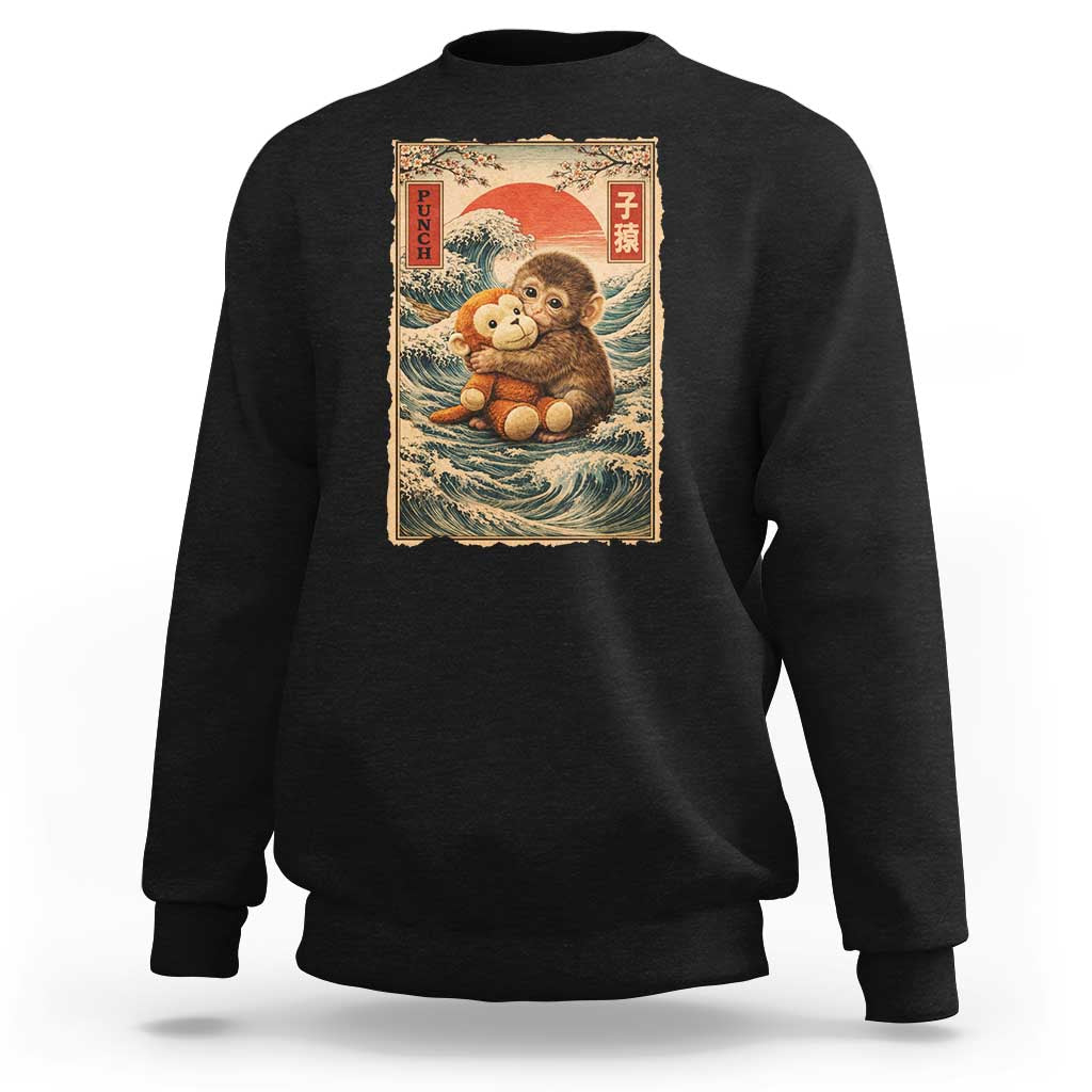 Kawaii Baby Monkey Punch Sweatshirt Vintage Japanese Graphic Cute Macaque Ukiyo-e