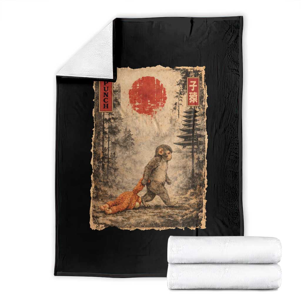 Vintage Japanese Baby Monkey Punch Throw Blanket Kawaii Macaque Ukiyo-e Art Funny
