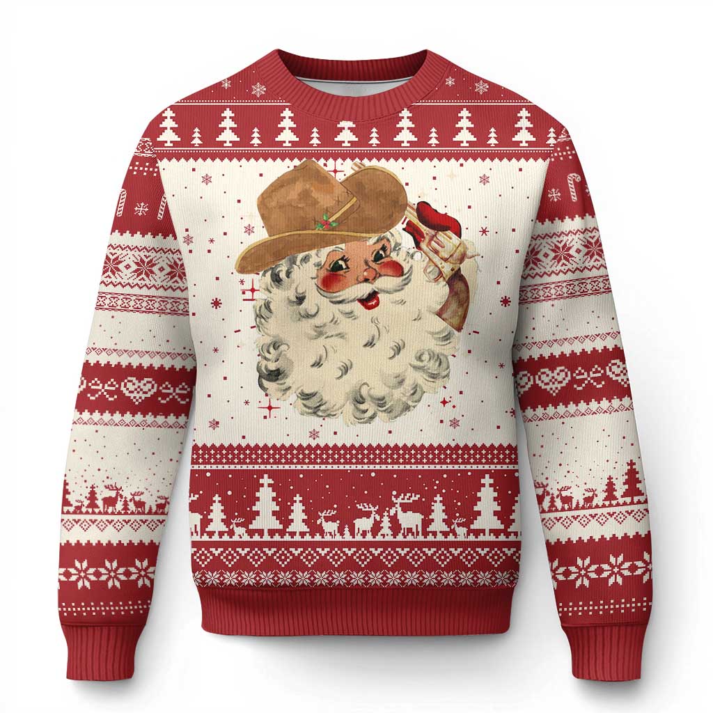 Red and cream crewneck knit sweater with cowboy Santa-style dog face graphic