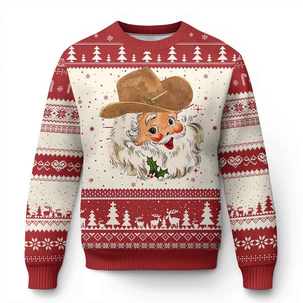 Red and cream knit sweater with Santa face graphic, cowboy hat, and festive tree pattern