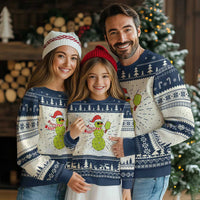 Blue/white Christmas sweater with Santa-hat cactus graphic and holiday border pattern