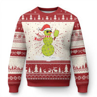 Red/white Christmas sweater with Santa-hat cactus graphic and holiday pattern