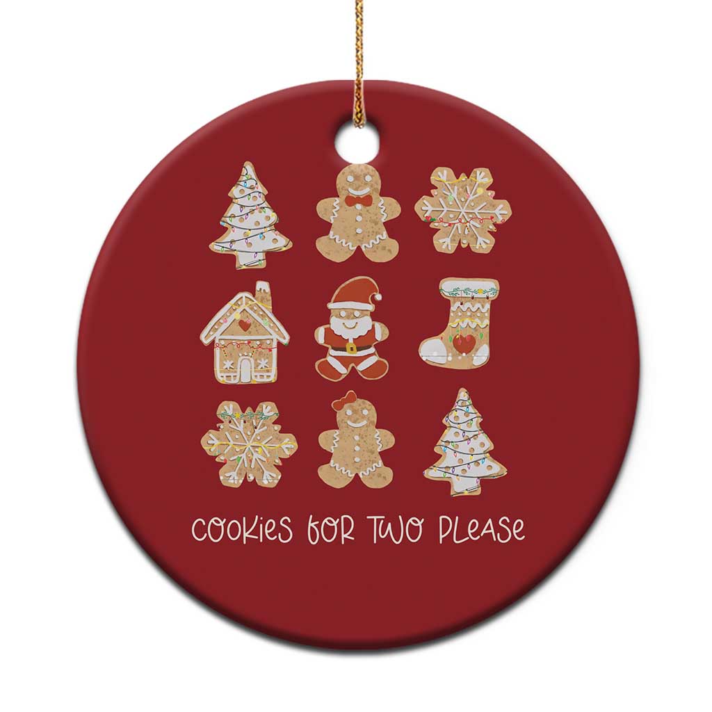 Red round Christmas ornament with gold string, cookie icons, and “Cookies for Two Please” text.