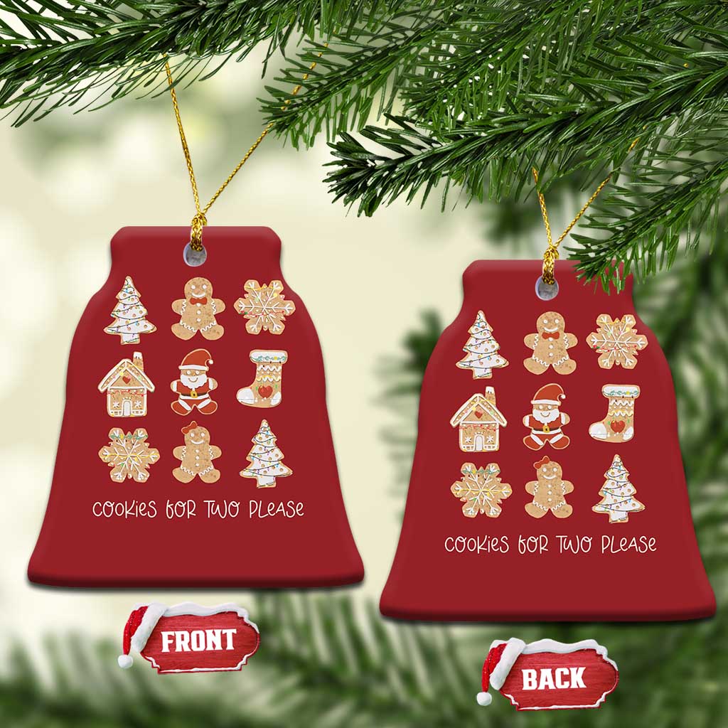 Two red bell-shaped Christmas ornaments with gold strings, cookie icons, and “Cookies for Two Please” text.