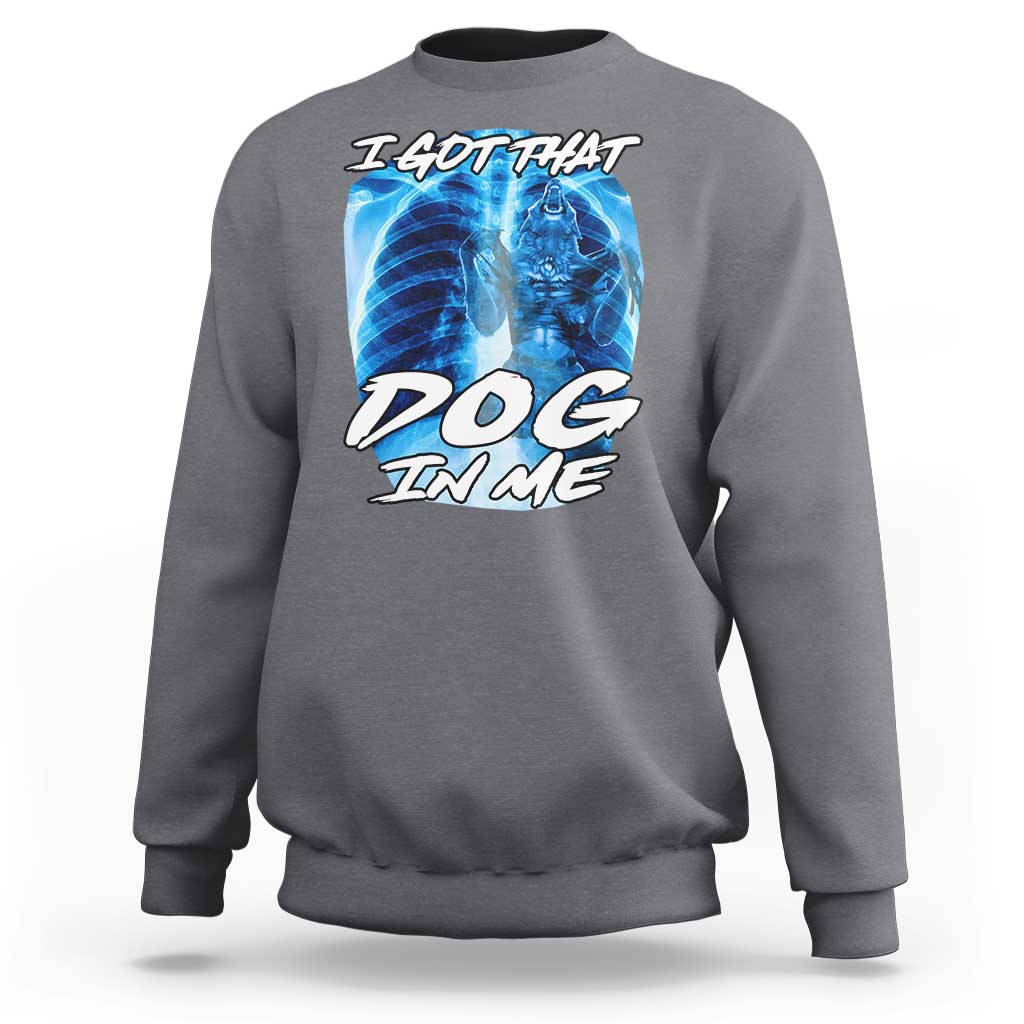 Charcoal crewneck sweatshirt with blue wolf and dog graphic on the front