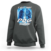 Dark heather gray crewneck sweatshirt with blue wolf and dog graphic on the front