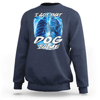 Navy crewneck sweatshirt with blue wolf and dog graphic on the front