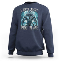 Navy crewneck sweatshirt with wolf graphic and 'Dog in Me' text