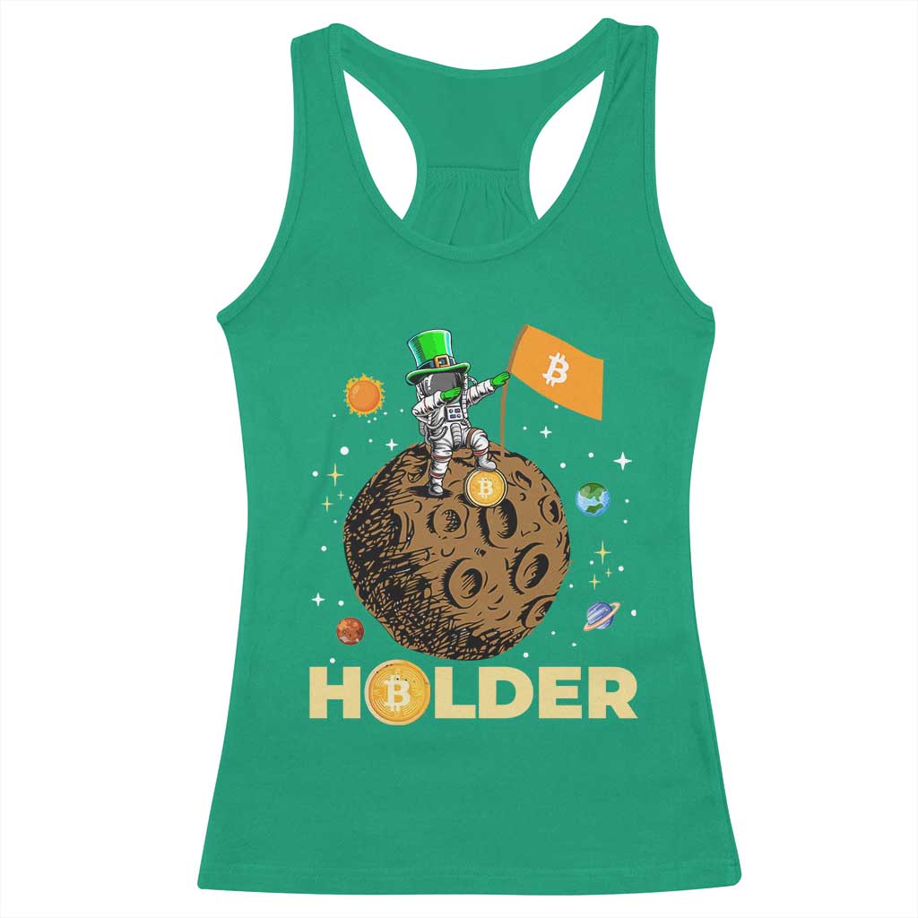 St Patricks Day Bitcoin Astronaut Racerback Tank Top Lucky Shamrock Leprechaun BTC Crypto To The Moon