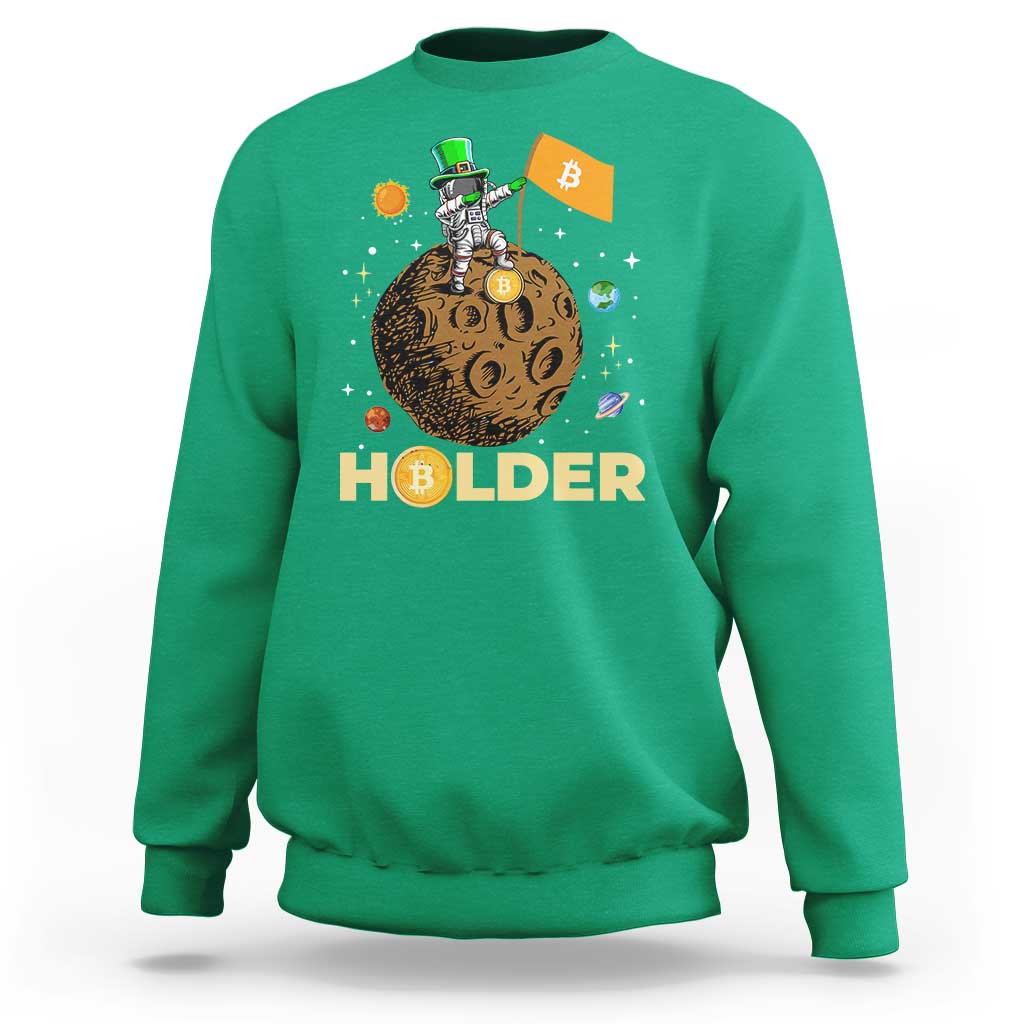 St Patricks Day Bitcoin Astronaut Sweatshirt Lucky Shamrock Leprechaun BTC Crypto To The Moon