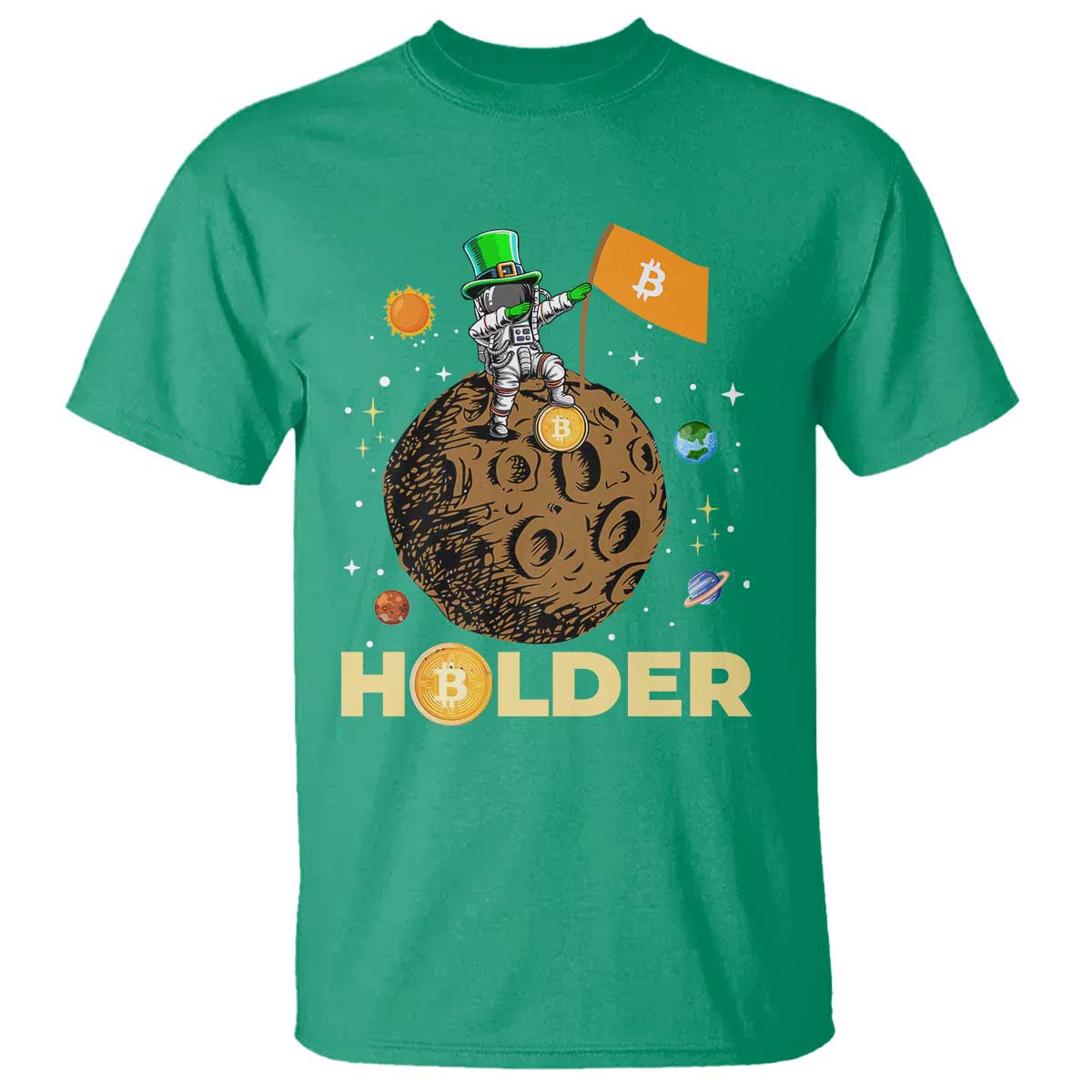 St Patricks Day Bitcoin Astronaut T Shirt Lucky Shamrock Leprechaun BTC Crypto To The Moon