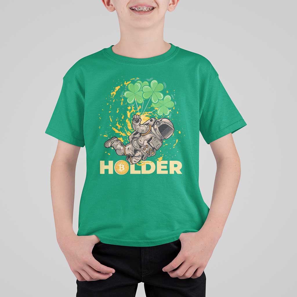 St Patricks Day Bitcoin Astronaut T Shirt For Kid Lucky Shamrock Leprechaun BTC Crypto Holder