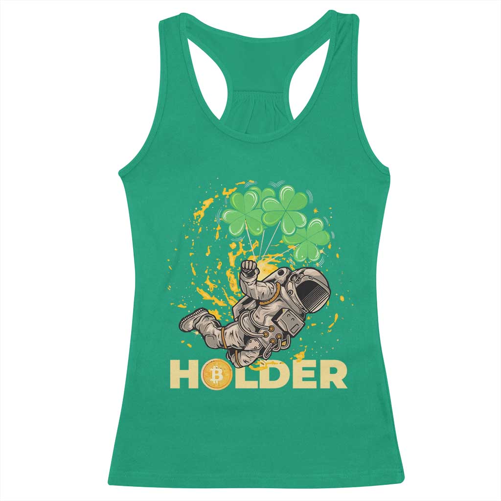 St Patricks Day Bitcoin Astronaut Racerback Tank Top Lucky Shamrock Leprechaun BTC Crypto Holder