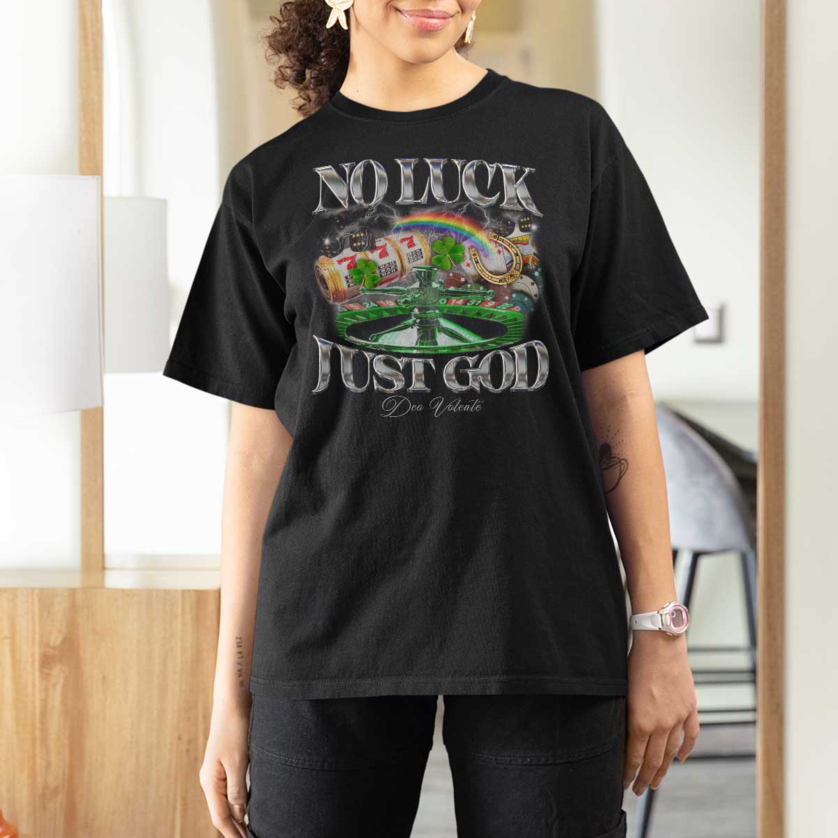 Vintage Christian T Shirt For Women Retro No Luck Just God Funny St Patricks Day