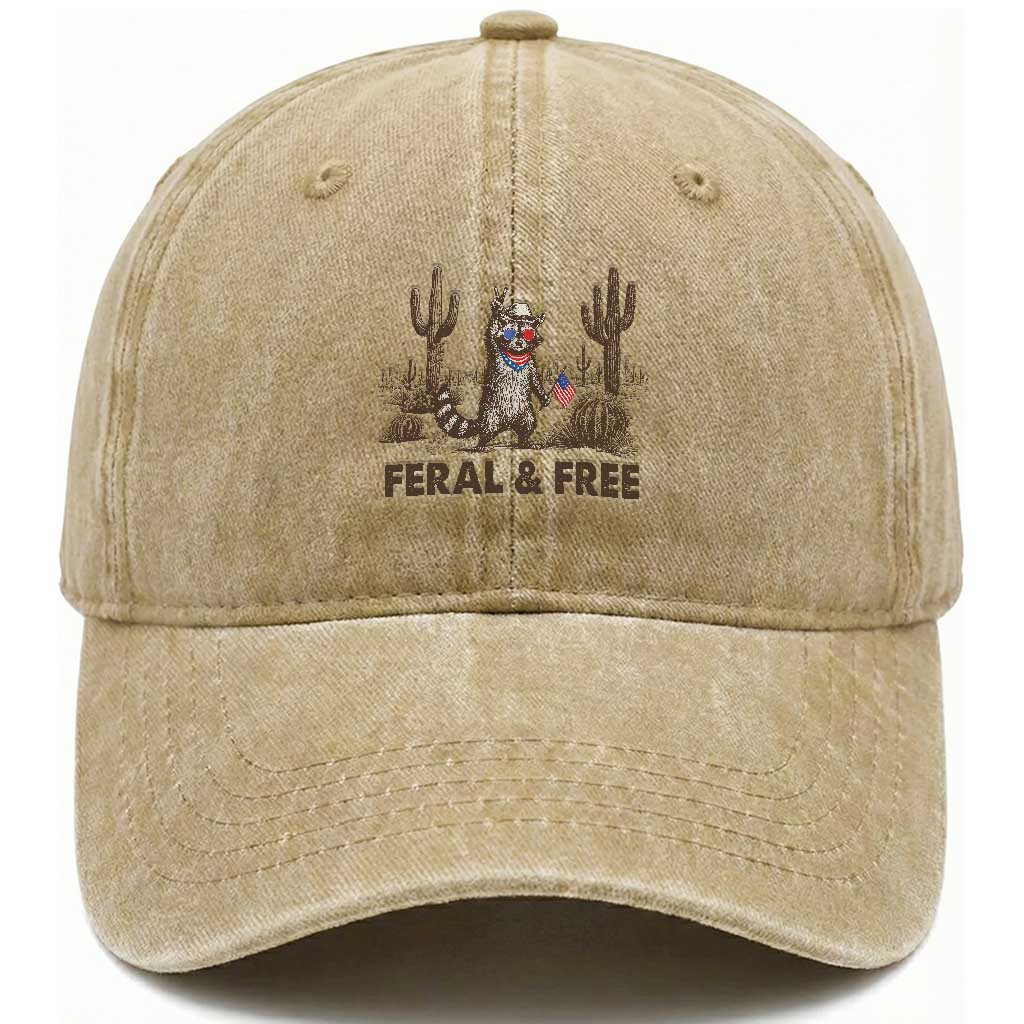 Feral & Free Raccoon Washed Cotton Baseball Cap Funny 4th of July Cowboy Meme Retro Independence Day