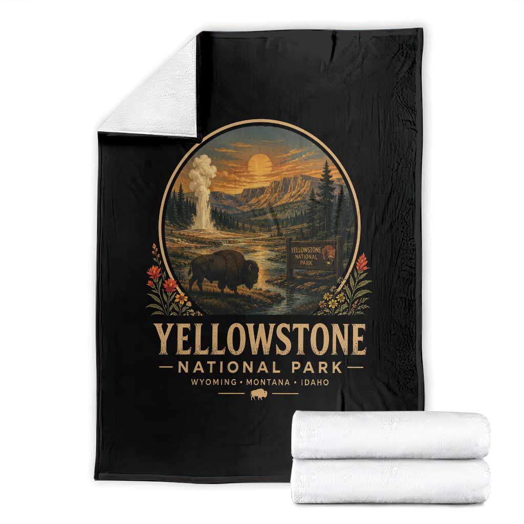 Vintage Yellowstone National Park Vintage Bison Geyser Throw Blanket Wyoming Montana Idaho Hiking Camping