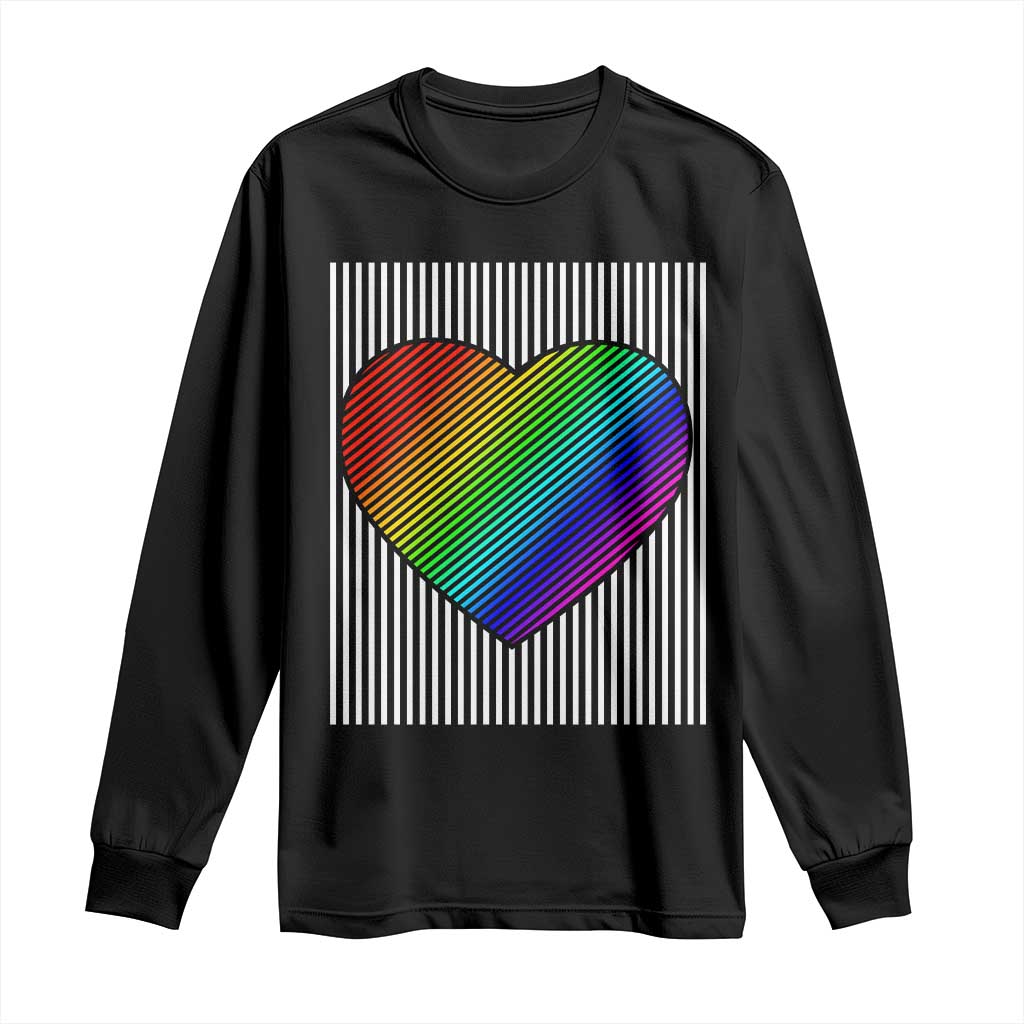 Black long-sleeve T-shirt with rainbow gradient heart graphic on striped panel