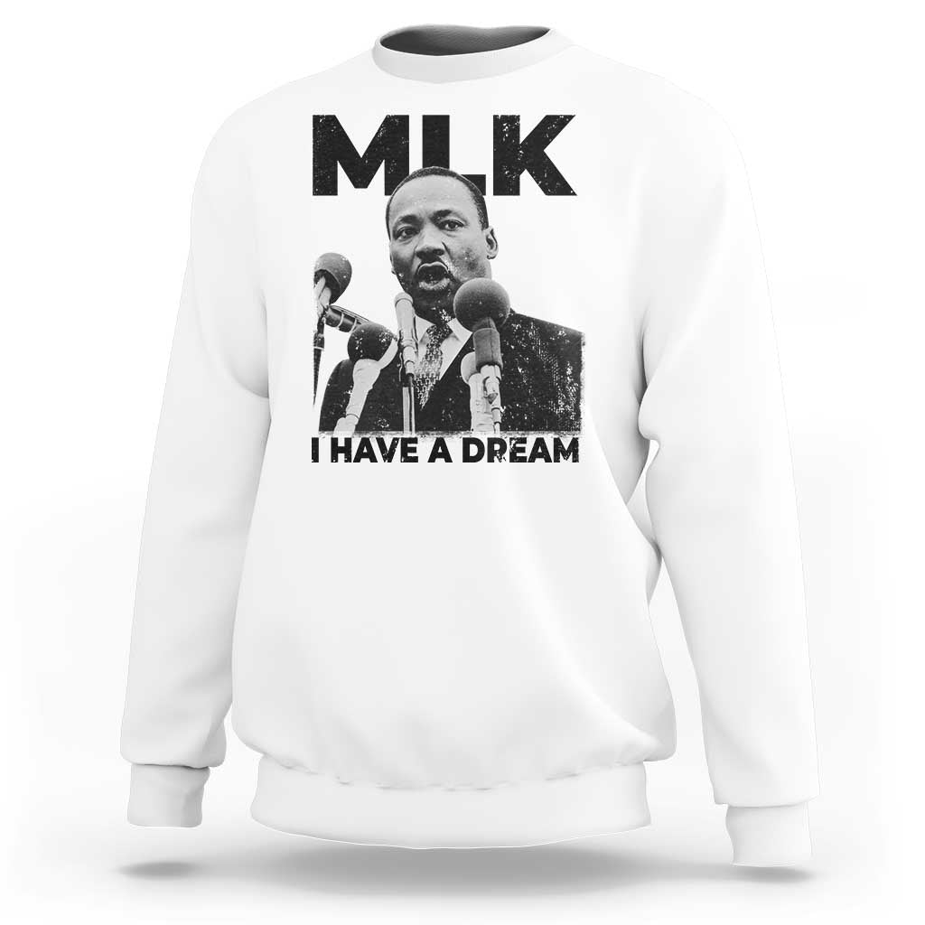 White crewneck sweatshirt with MLK portrait and 'I HAVE A DREAM' front graphic