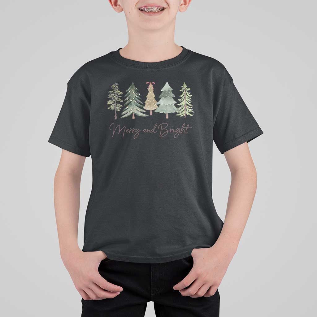 Merry and Bright Trees T Shirt For Kid Womans Holiday Coquette Tree Bow - Wonder Print Shop